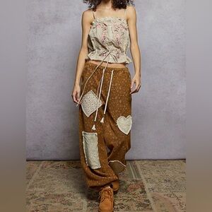 Pol Boho Patchwork Wide-Leg Drawstring Pants/Joggers - Brown & Cream